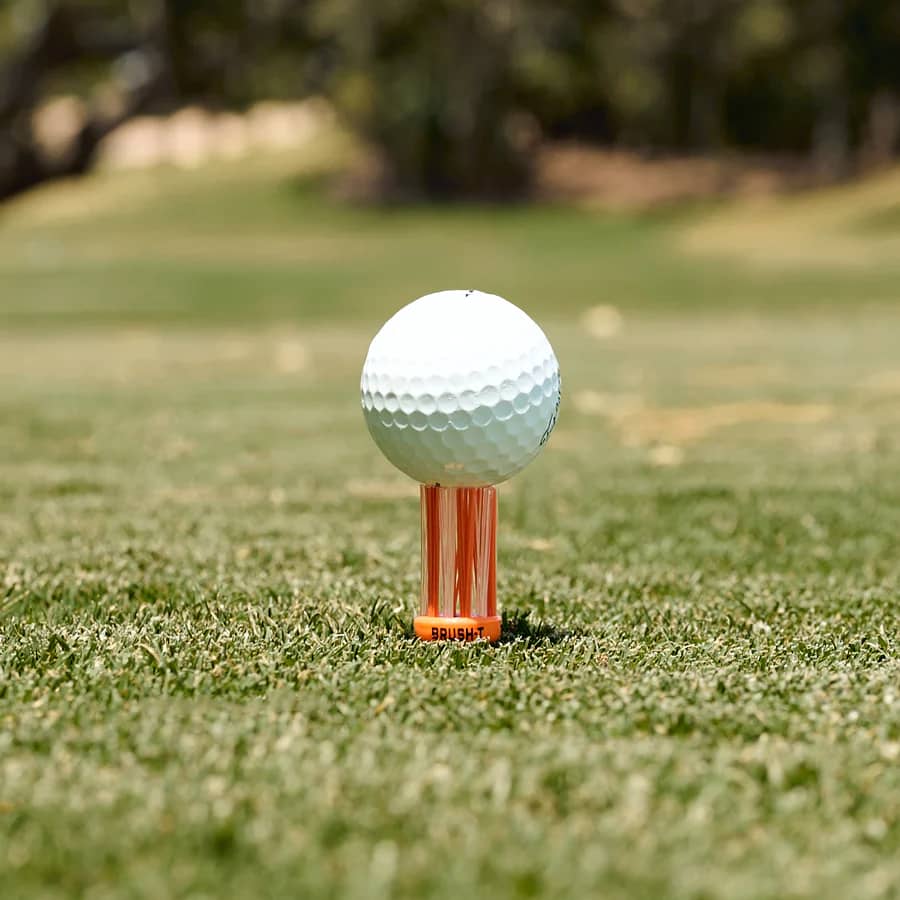 A brush tees holding a golf ball in green lawn course